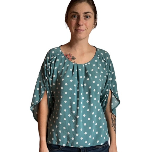 Maeve Anthropologie Green Polka Dot Blouse Top Teal S Small Half Sleeves Buttons - Picture 10 of 17